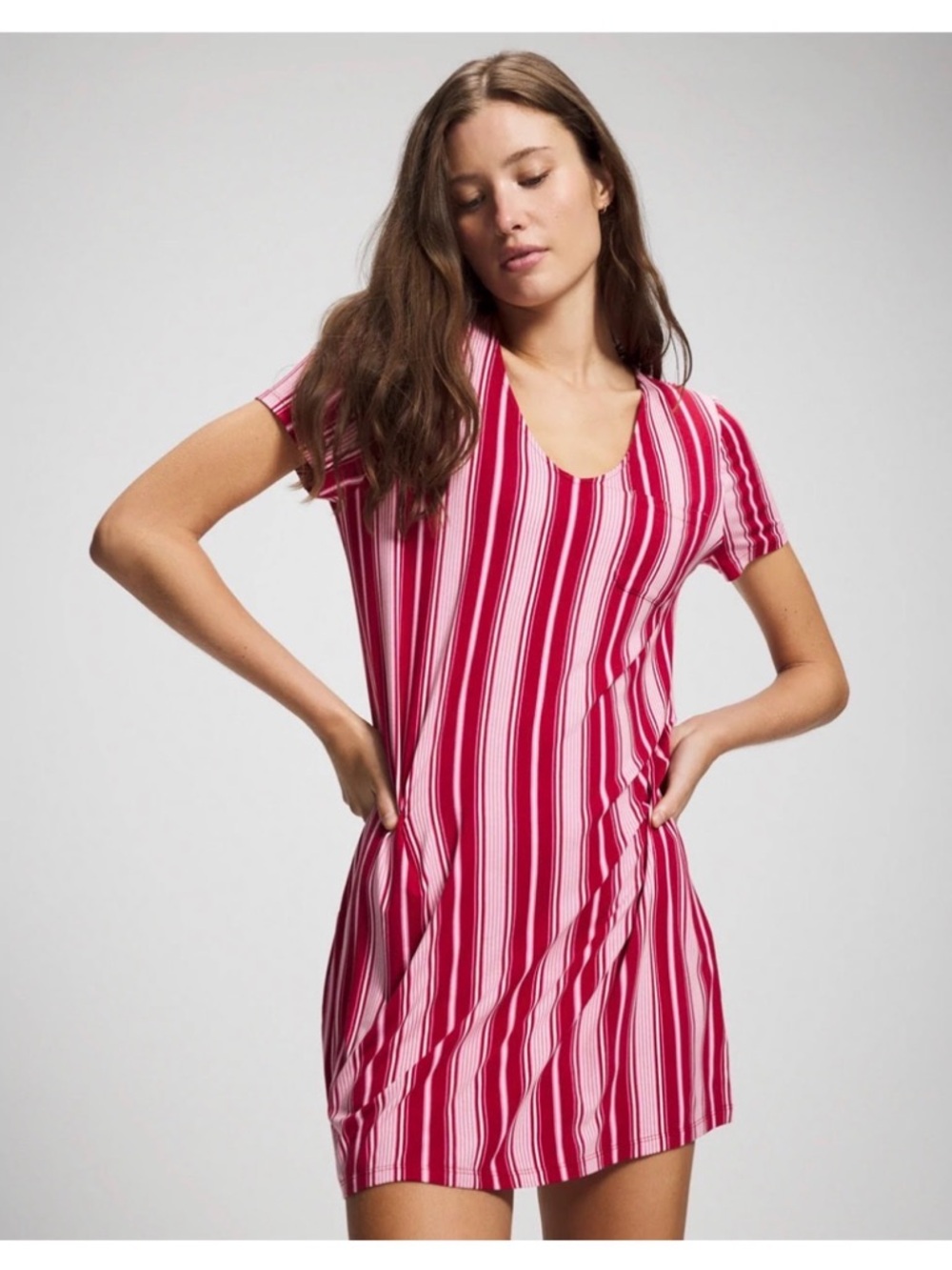 Soma Cool Nights Pink and White Striped Short Sleeve Sleepshirt
